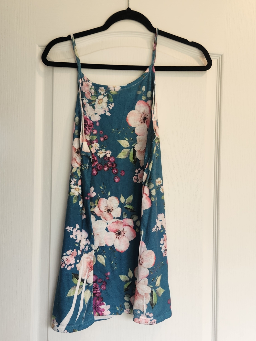 Promesa Teal Floral Dress with Pink Blossom Print L Euc